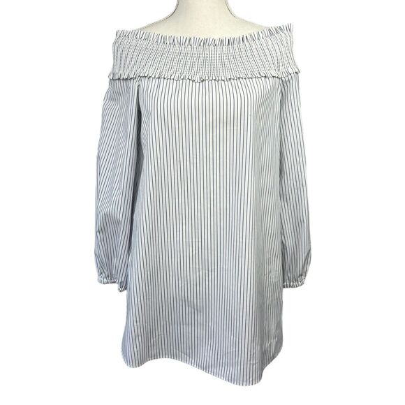 Tibi White Blue Striped Off The Shoulder Top Shirt Size 2 Ruched Cotton - Picture 1 of 13